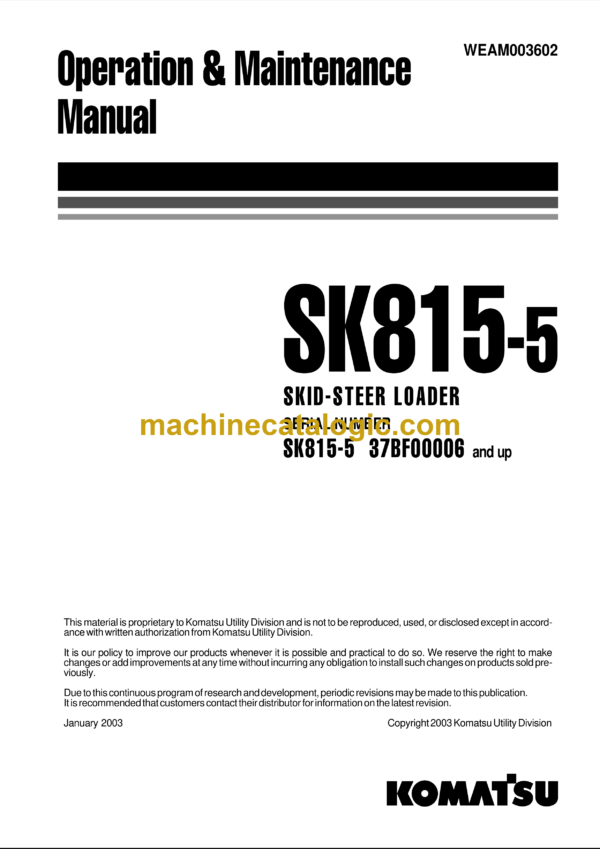 Komatsu SK815-5 Turbo Skid Steer Loader Operation and Maintenance Manual (WEAM003602)