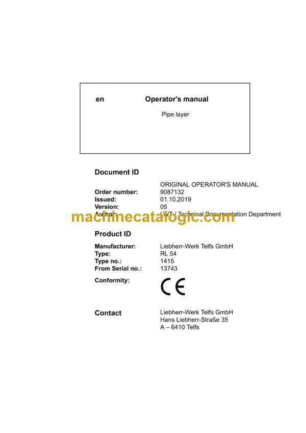 Liebherr RL 54 Pipe Layer Operating Manual (From SN 13743)