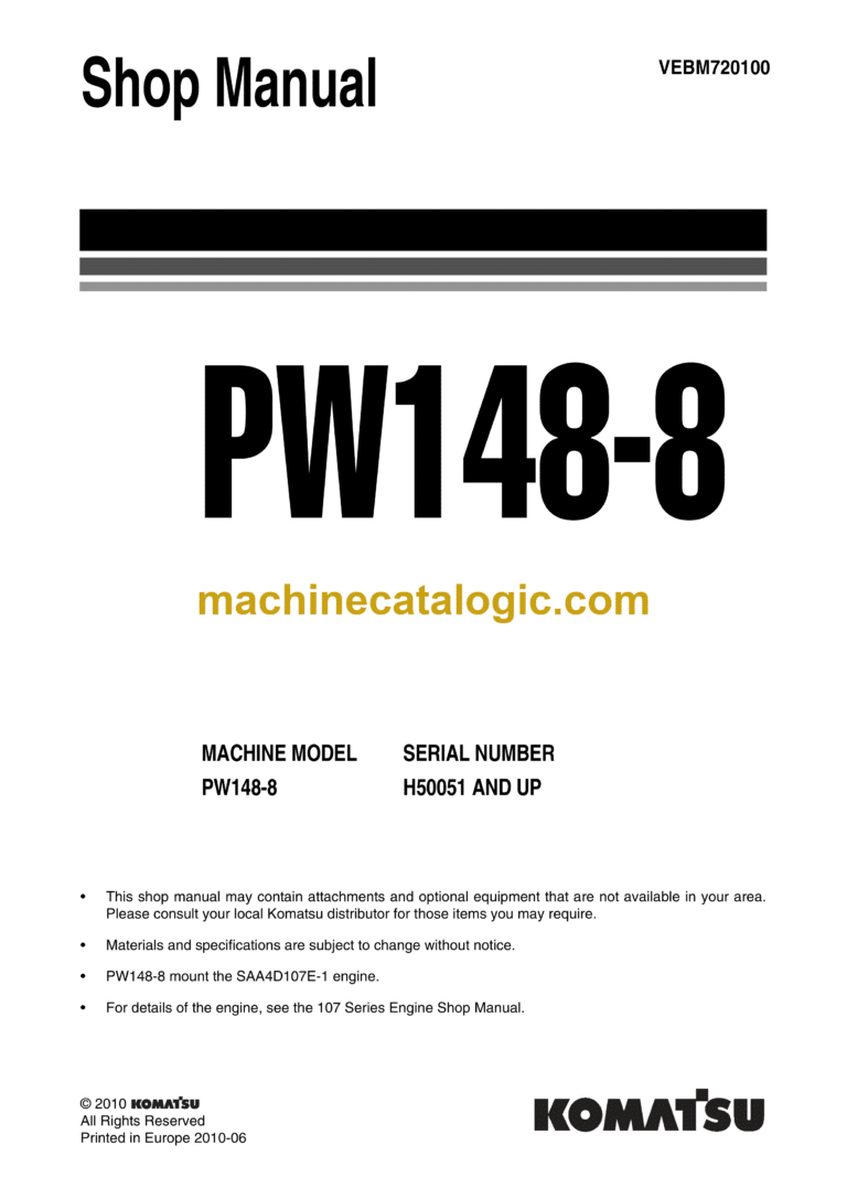 Komatsu PW148-8 Hydraulic Excavator Shop Manual (VEBM720100)