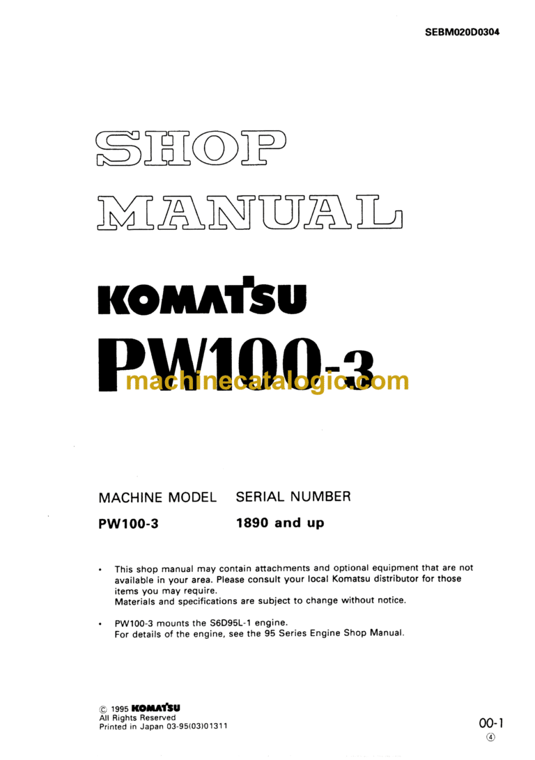 Komatsu PW100-3 Hydraulic Excavator Shop Manual (SEBM020D0304)