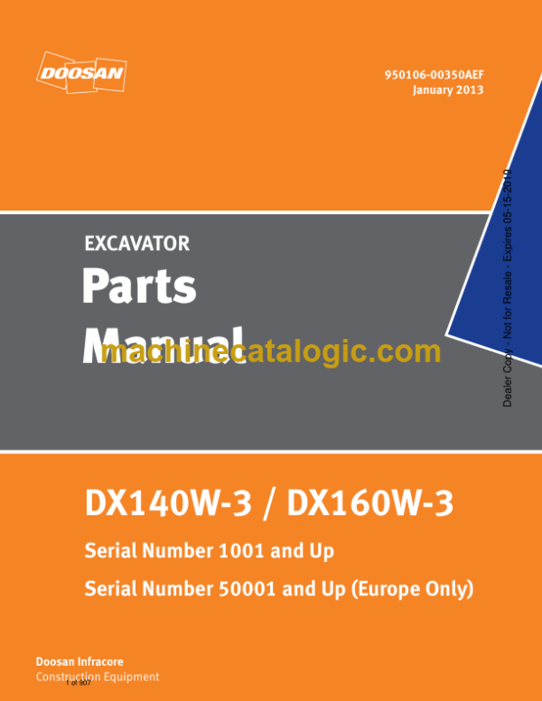 Doosan DX140W-3 Wheeled Excavator Parts Manual (Serial Number 1001 and Up)