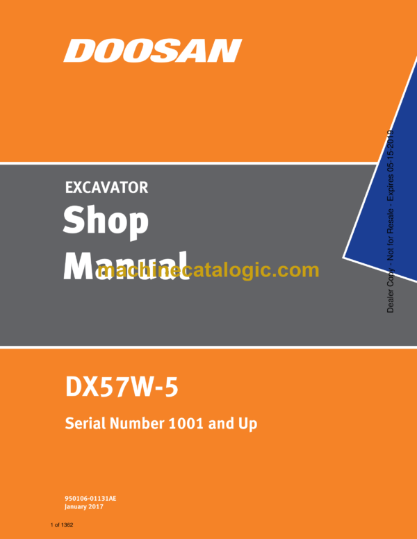 Doosan DX57W-5 Wheeled Excavator Shop Manual (Serial Number 1001 and Up)