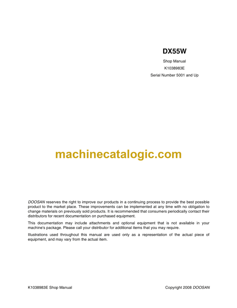 Doosan DX55W Wheeled Excavator Shop Manual (Serial Number 5001 and Up)