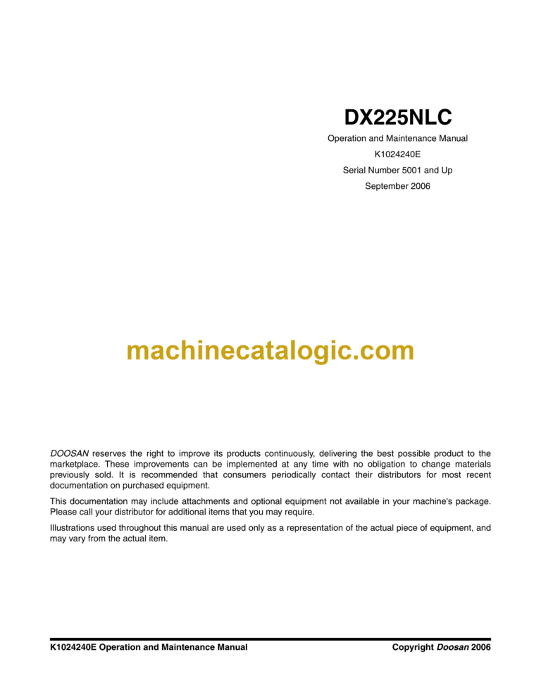 Doosan DX225NLC Excavator Operation and Maintenance Manual (Serial Number 5001 and Up)