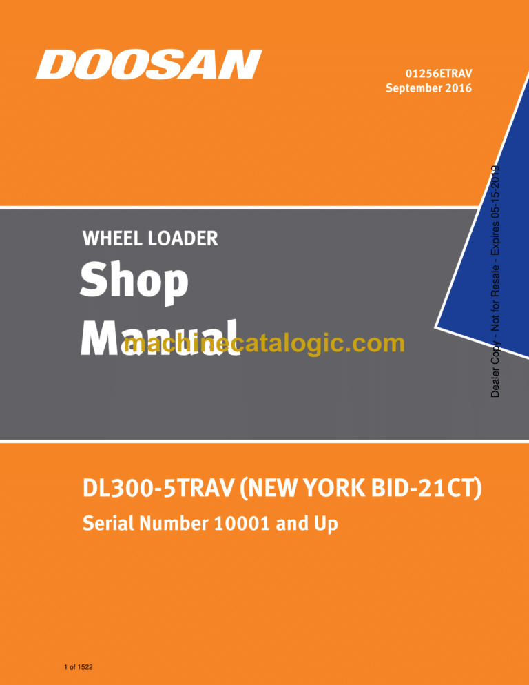 Doosan DL300-5TRAV New York BID-21CT Wheel Loader Shop Manual (Serial Number 10001 and Up)