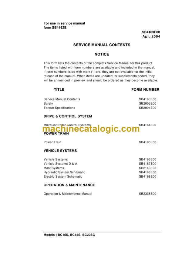 Daewoo BC15S, BC18S, BC20SC Lift Truck Service Manual