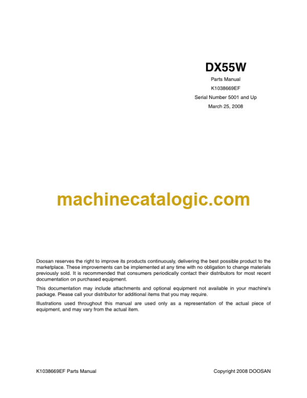 Doosan DX55W Excavator Parts Manual (Serial Number 5001 and Up)