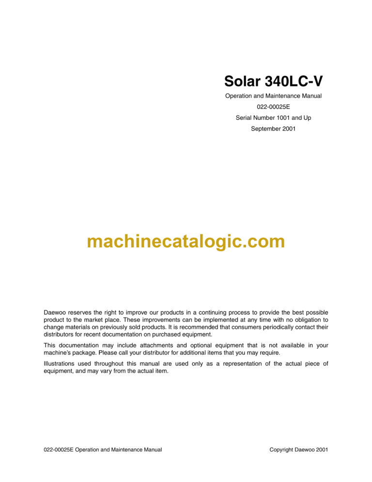 Daewoo Solar 340LC-V Excavator Operation and Maintenance Manual (Serial Number 1001 and Up)