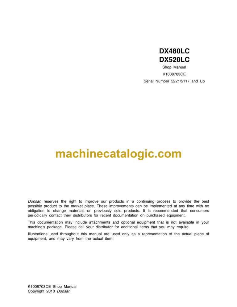 Doosan DX480LC, DX520LC Hydraulic Excavator Shop Manual (Serial Number 5221, 5117 and Up)