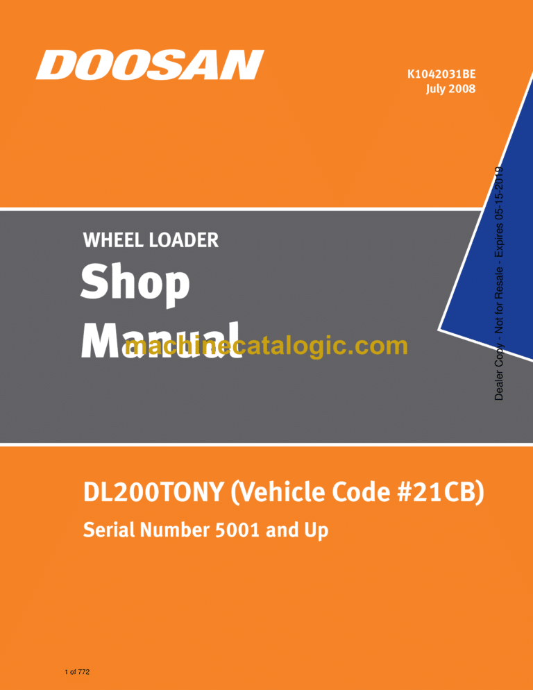 Doosan DL200 Tony Wheel Loader Shop Manual (Serial Number 5001 and Up)