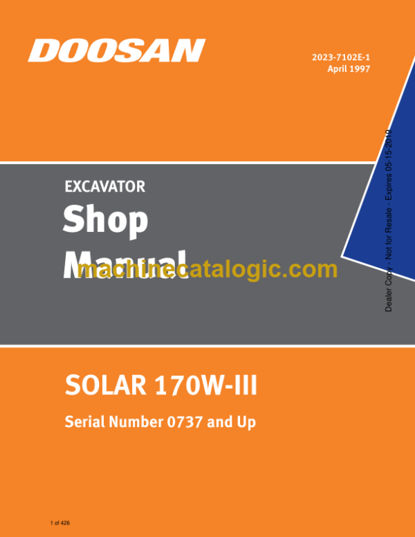 Doosan Solar 170W-3 Excavator Shop Manual (Serial Number 0737 and Up)