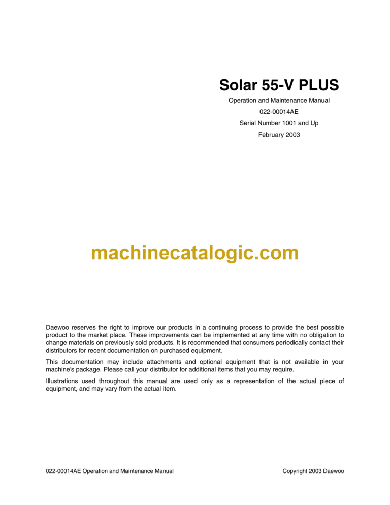 Daewoo Solar 55-V Plus Excavator Operation and Maintenance Manual (Serial Number 1001 and Up)