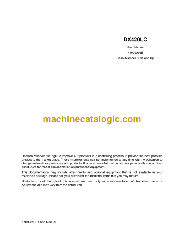 Doosan DX420LC Hydraulic Excavator Shop Manual (Serial Number 5001 and Up)