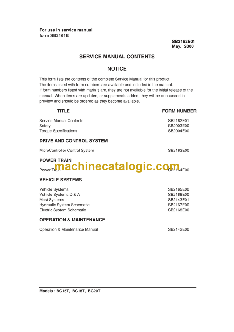 Daewoo BC15T, BC18T, BC20T Lift Truck Service Manual