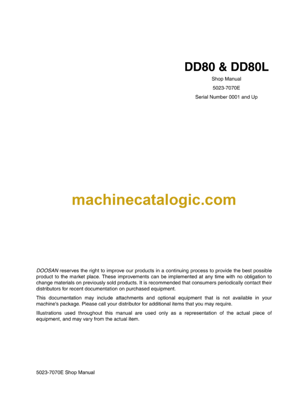 Doosan DD80, DD80L Excavator Shop Manual (Serial Number 0001 and Up)