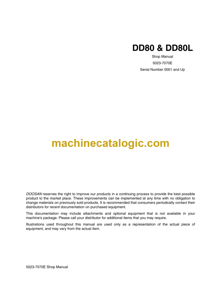 Doosan DD80, DD80L Excavator Shop Manual (Serial Number 0001 and Up)