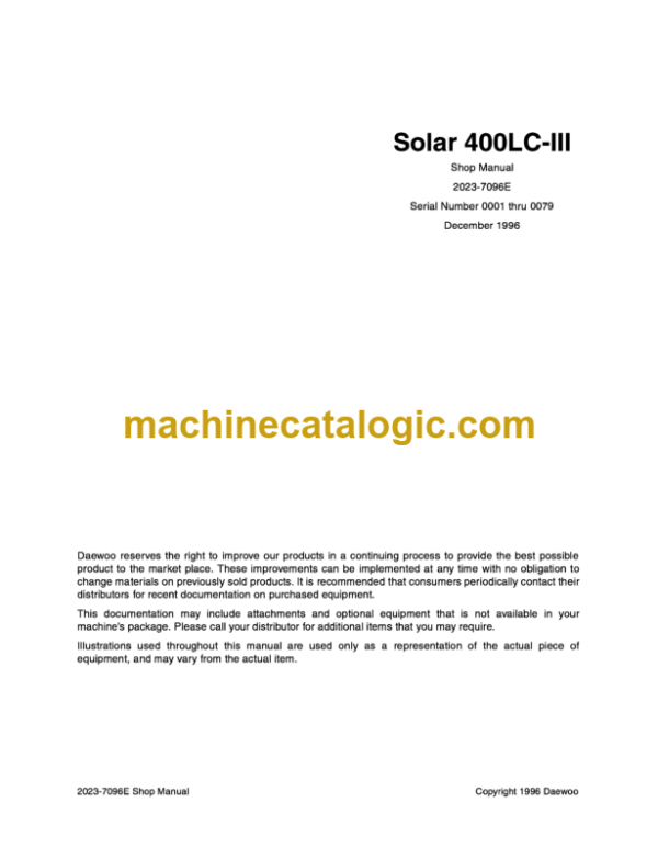 Doosan Daewoo Solar 400LC-3 Excavator Shop Manual (Serial Number 0001 thru 0079)