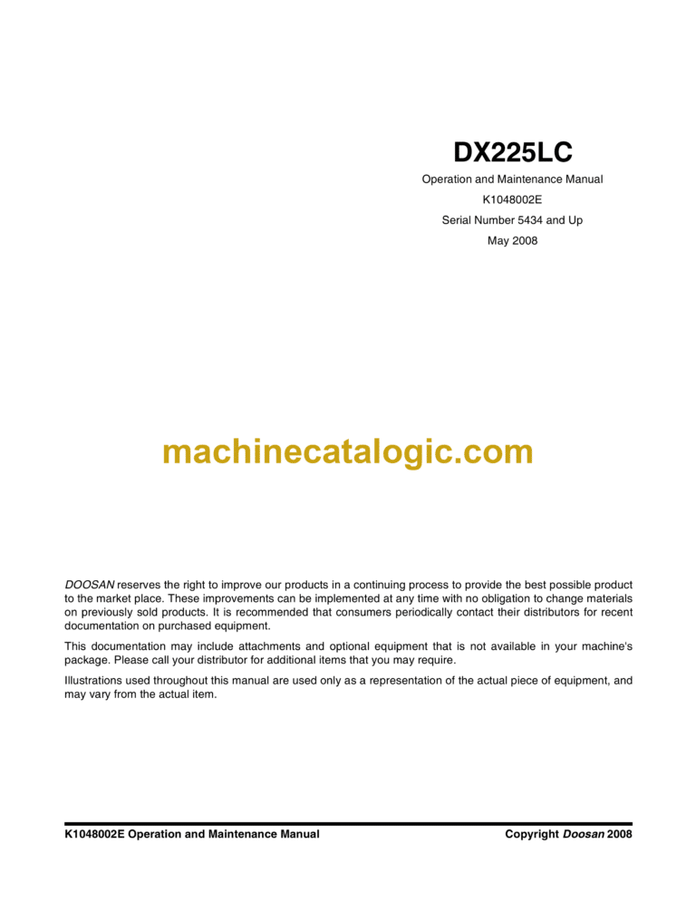 Doosan DX225LC Excavator Operation and Maintenance Manual (Serial Number 5434 and Up)