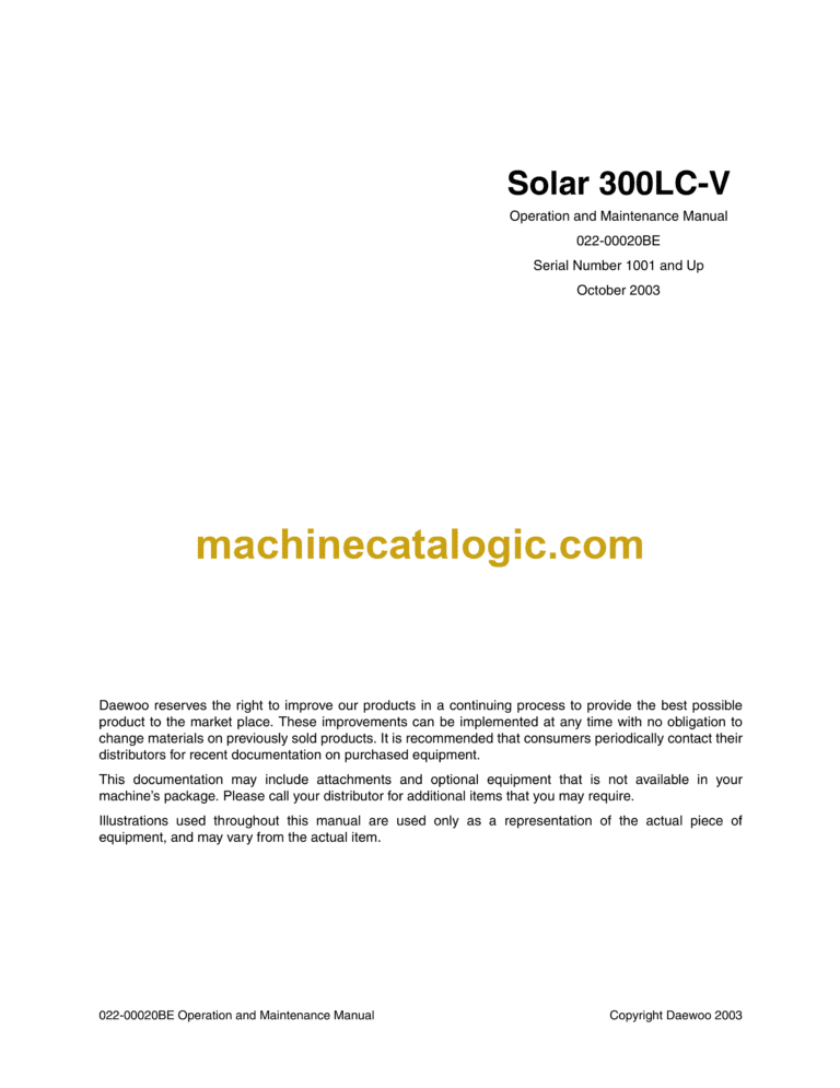 Daewoo Solar 300LC-V Excavator Operation and Maintenance Manual (Serial Number 1001 and Up)