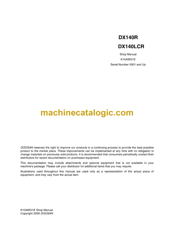 Doosan DX140R Hydraulic Excavator Shop Manual (Serial Number 5001 and Up)