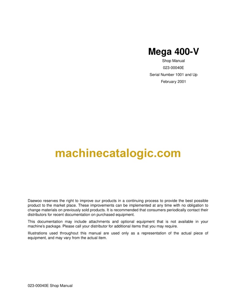 Doosan Mega 400-V Wheel Loader Shop Manual (Serial Number 1001 and Up)