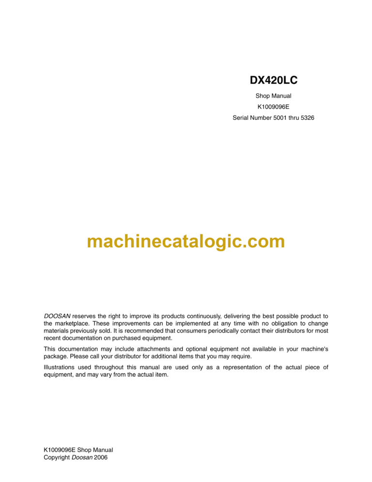 Doosan DX420LC Hydraulic Excavator Shop Manual (Serial Number 5001 thru 5326)