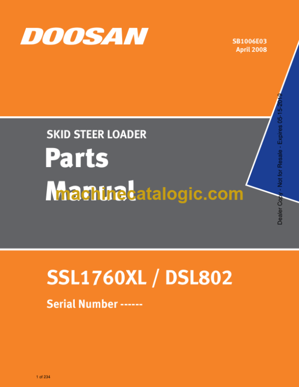 Doosan SSL1760XL, DSL802 Skid Steer Loader Parts Manual