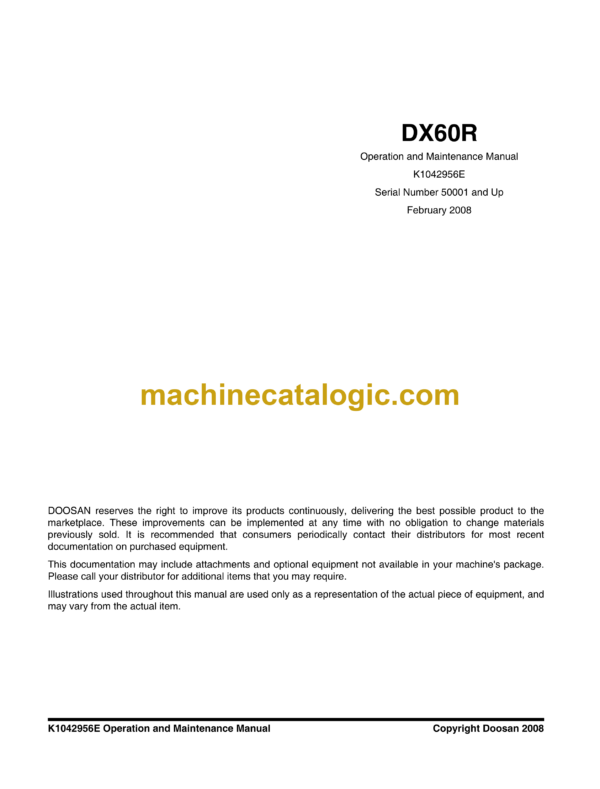 Doosan DX60R Excavator Operation and Maintenance Manual (Serial Number 50001 and Up)