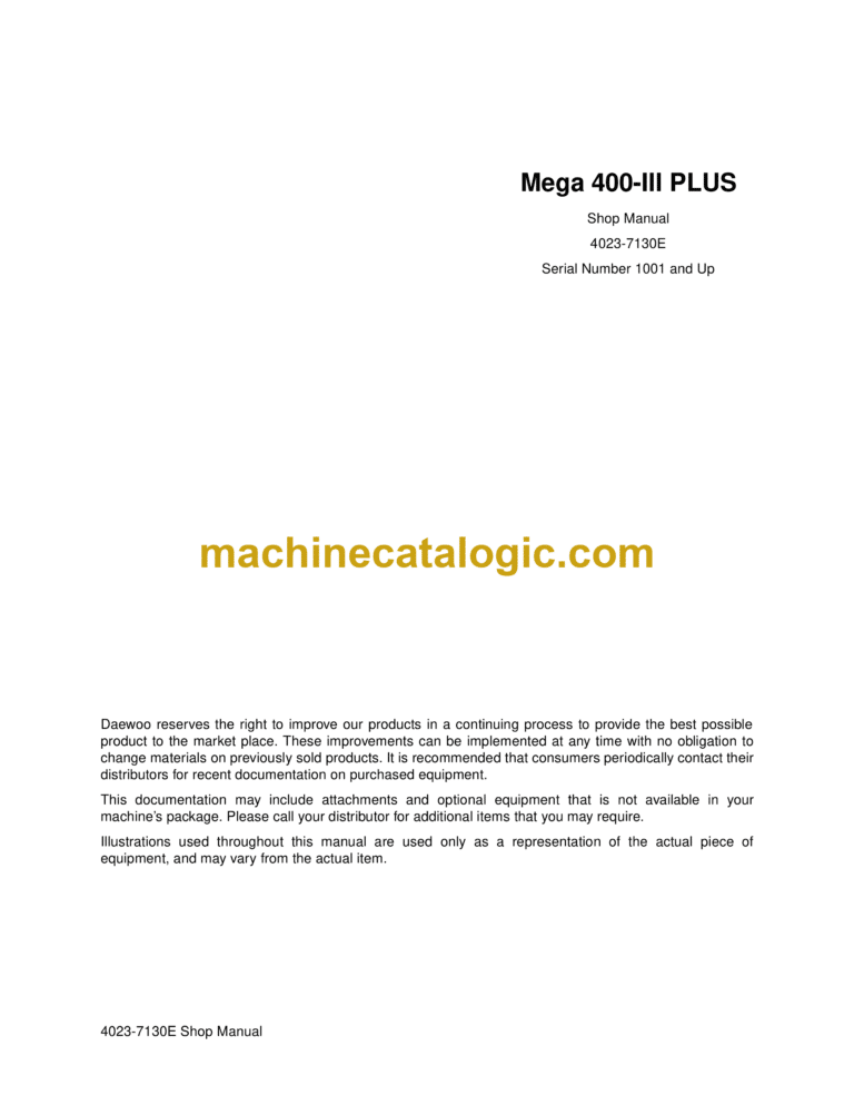 Doosan Mega 400-3 Wheel Loader Plus Shop Manual (Serial Number 1001 and Up)