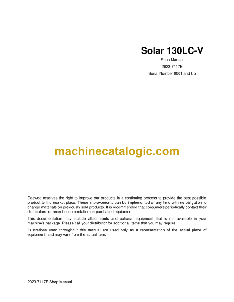 Doosan Solar 130LC-V Excavator Shop Manual (Serial Number 0001 and Up)