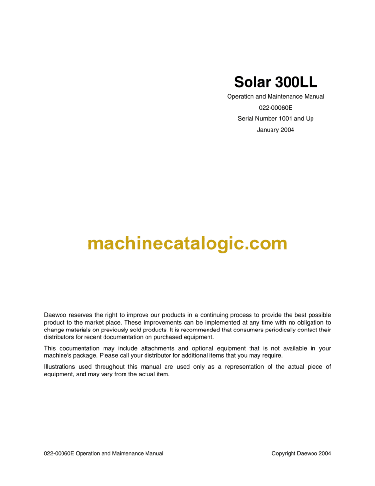Daewoo Solar 300LL Excavator Operation and Maintenance Manual (Serial Number 1001 and Up)