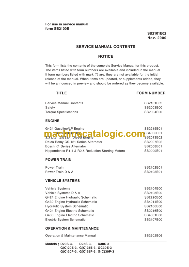 Daewoo D20S-3, D25S-3, D30S-3 G(C)20E-3, G(C)25E-3, GC30E-3 G(C)20P-3, G(C)25P-3, G(C)30P-3 Lift Truck Service Manual