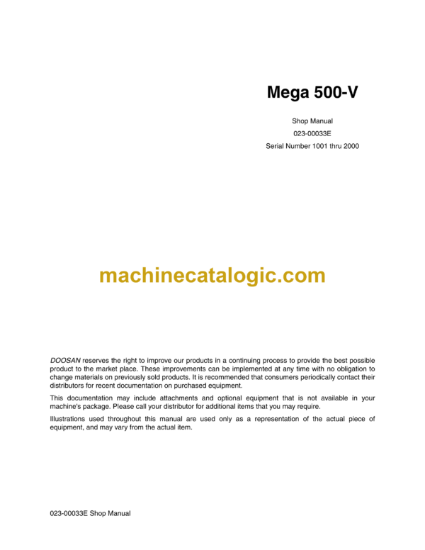 Doosan Daewoo Mega 500-V Wheel Loader Shop Manual (Serial Number 1001 thru 2000)
