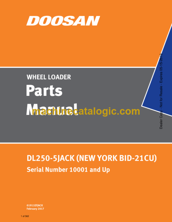 Doosan DL250-5JACK Wheel Loader Parts Manual (Serial Number 10001 and Up)