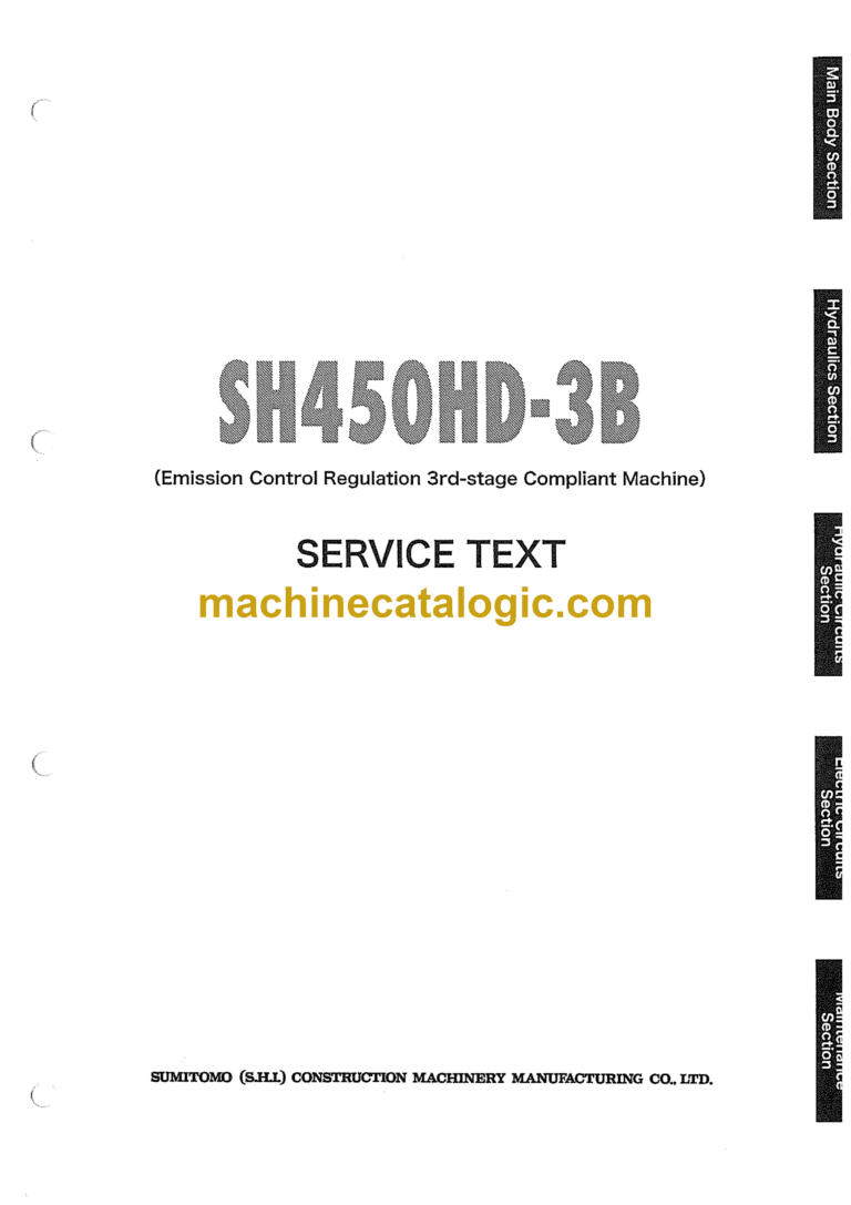 Sumitomo SH450HD-3B Hydraulic Excavator Service Text (WLST450HD3B-00W)