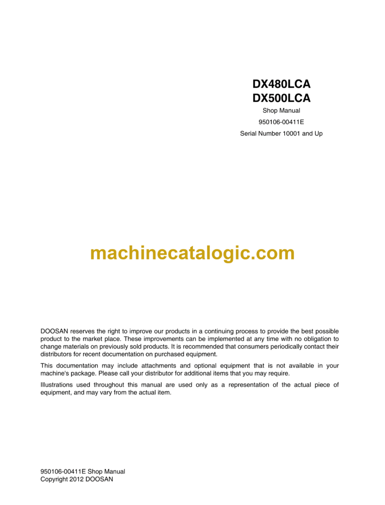 Doosan DX480LCA, DX500LCA Hydraulic Excavator Shop Manual (Serial Number 10001 and Up)