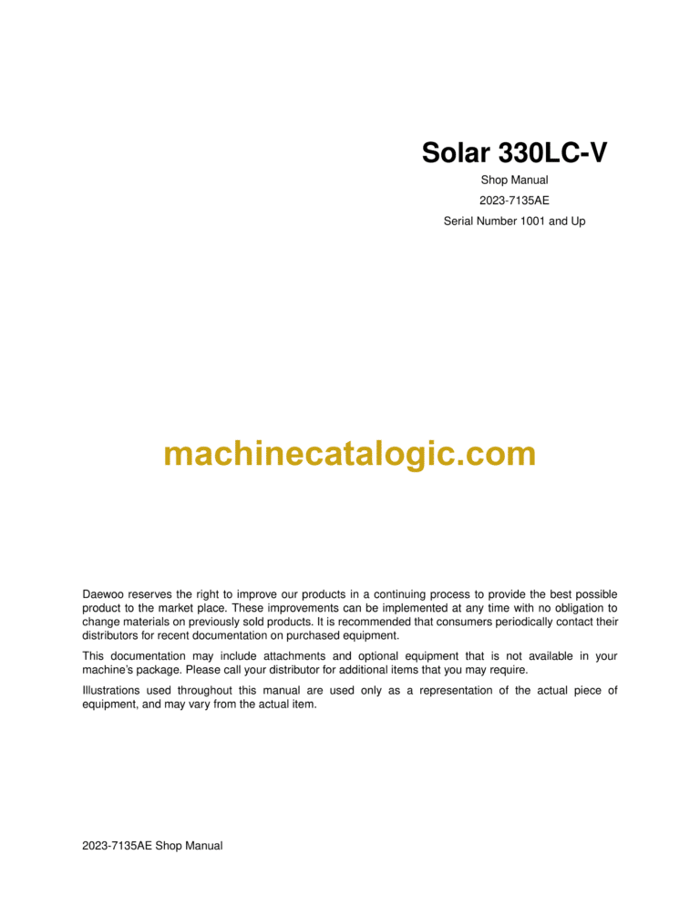 Doosan Solar 330LC-V Excavator Shop Manual (Serial Number 1001 and Up)