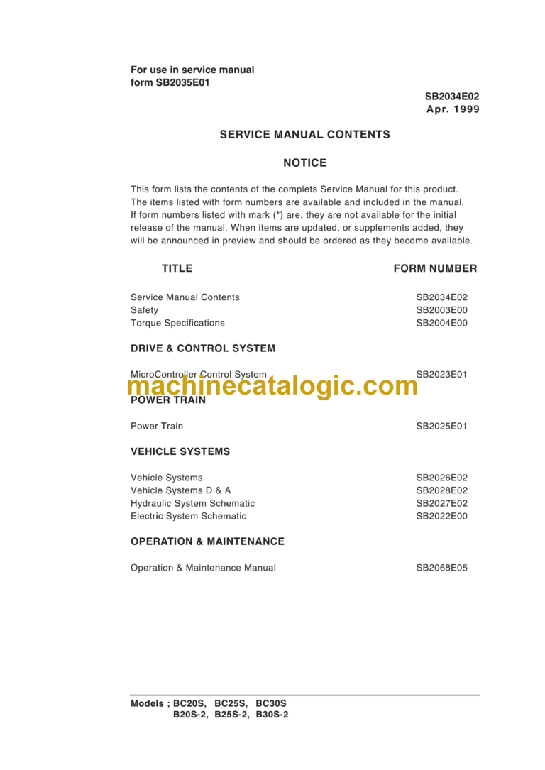 Daewoo BC20S, BC25S, BC30S B20S-2, B25S-2, B30S-2 Lift Truck Service Manual