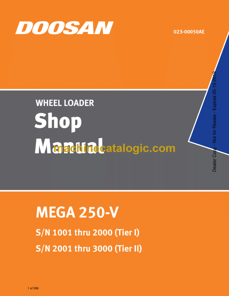 Doosan Mega 250-V Wheel Loader Shop Manual (SN 1001 thru 2000 Tier I, SN 2001 thru 3000 Tier II)