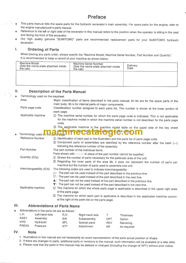 Sumitomo SH100-1 Hydraulic Excavator Parts Manual (WCL1000-0W-020)
