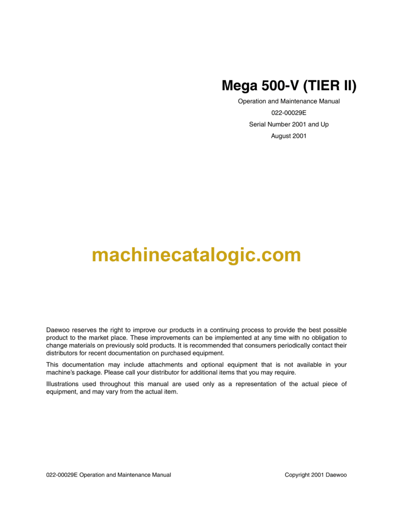 Daewoo Mega 500-V Tier 2 Wheel Loader Operation and Maintenance Manual (Serial Number 2001 and Up)