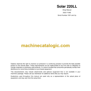 Doosan Solar 220LL Excavator Shop Manual (Serial Number 1001 and Up)