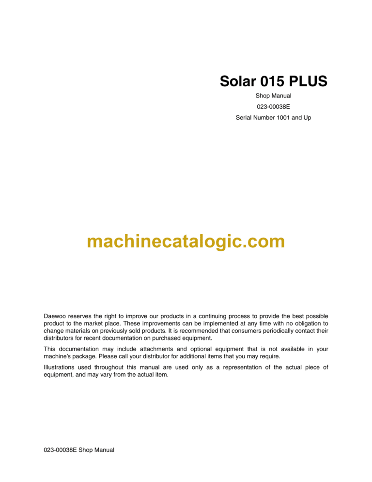 Doosan Solar 015 Plus Excavator Shop Manual (Serial Number 1001 and Up)