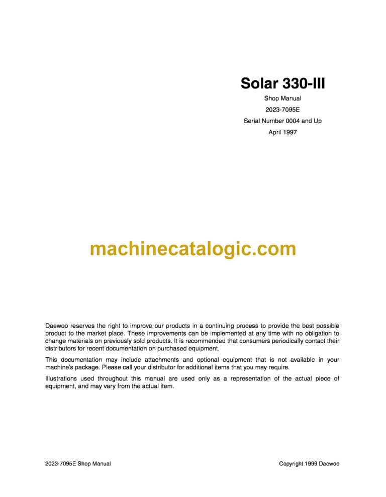 Doosan Daewoo Solar 330-3 Excavator Shop Manual (Serial Number 0004 and Up)