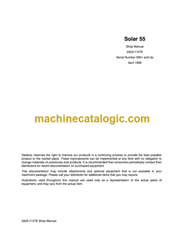 Doosan Daewoo Solar 55 Excavator Shop Manual (Serial Number 0001 and Up)