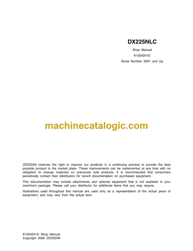 Doosan DX225N Crawler Excavator Shop Manual (K1024241E)