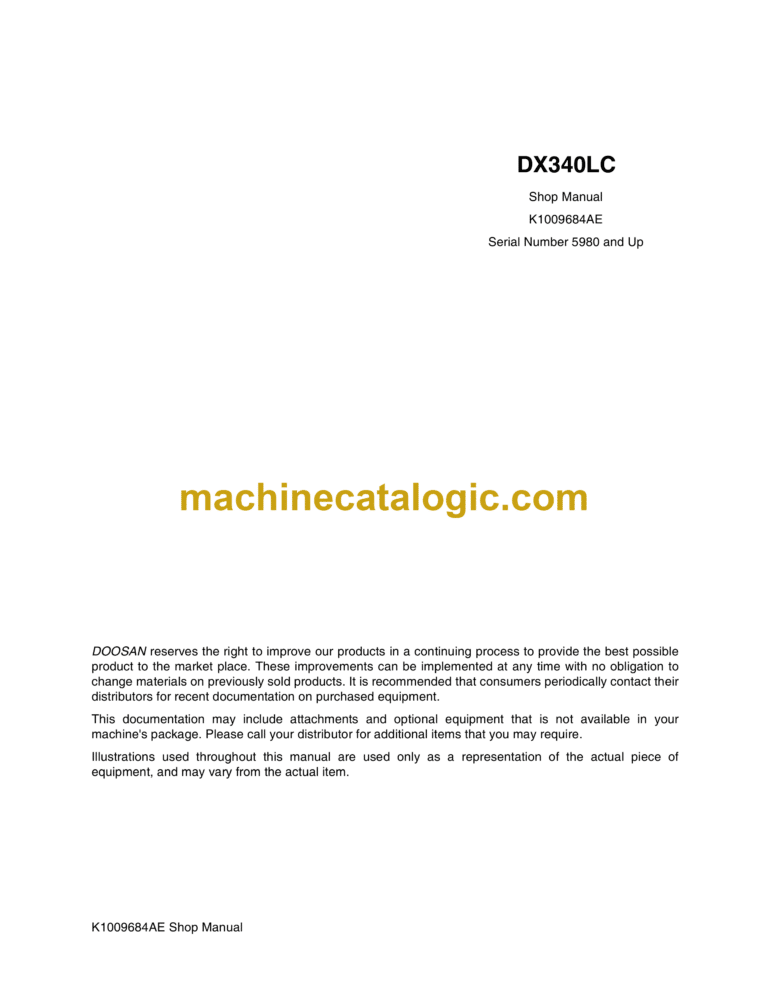 Doosan DX340LC Hydraulic Excavator Shop Manual (Serial Number 5980 and Up)
