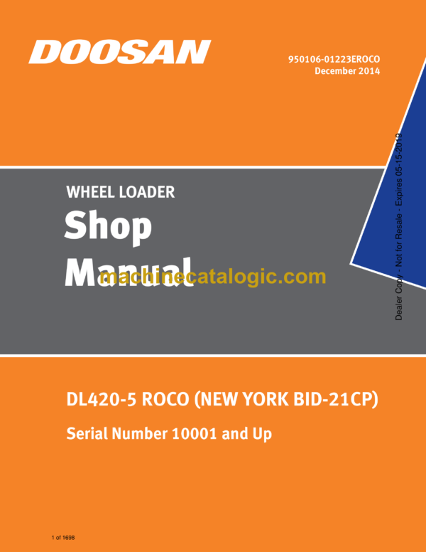 Doosan DL420-5 Roco New York BID-21CP Wheel Loader Shop Manual (Serial Number 10001 and Up)