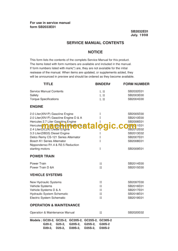 Daewoo GC20-2, GC25-2, GC20S-2, GC25S-2, GC30S-2 G20-2, G25-2, G20S-2, G25S-2, G30S-2 D20-2, D25-2, D20S-2, D25S-2, D30S-2 Lift Truck Service Manual