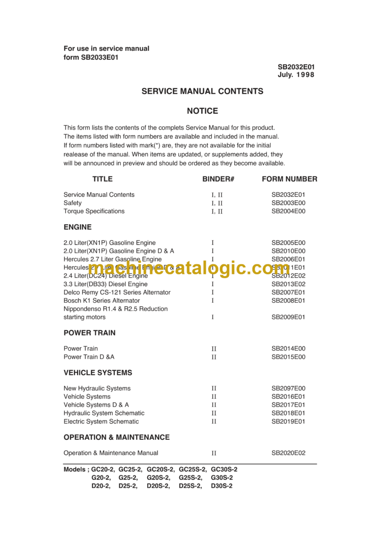 Daewoo GC20-2, GC25-2, GC20S-2, GC25S-2, GC30S-2 G20-2, G25-2, G20S-2, G25S-2, G30S-2 D20-2, D25-2, D20S-2, D25S-2, D30S-2 Lift Truck Service Manual